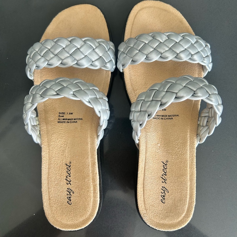 Easy street 7 1/2 wide sandal . Great used condition. Braided Silver Metallic